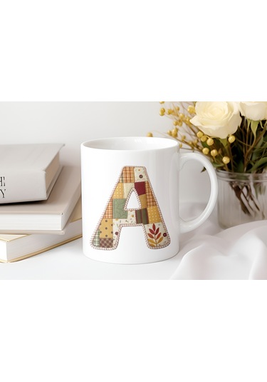 A Harfi Sonbahar Kış Temalı Yamalı Tasarım Kupa Bardak - Etnik Ve Pathwork Severlere Özel Hediye Beyaz