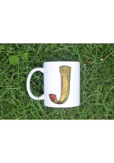 J Harf Yaprak Renkleri İle Kupa Bardak - Kişiye Özel Alfabe Harfli Bardak - Hediye Beyaz