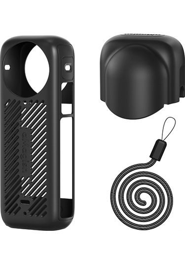 Skycity Insta360 X4 İçin Siyah Silikon Kamera Korumalı Kılıf + Lens Kapak + Bileklik Askısı Ad05-a1