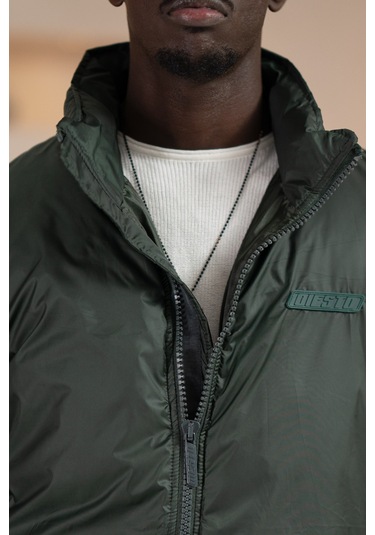 Oversize Bol Kesim Dik Yaka Fermuar Kapamalı Şişme Mont Yeşil