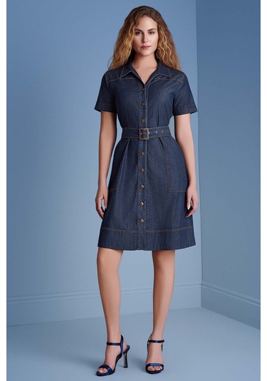 Gömlek Yaka Mavi Jean Elbise Mavi