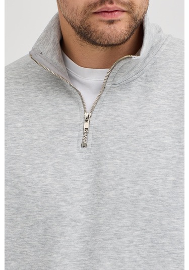 Unisex Regular Fit Rahat Kesim Pamuklu Içi Polarlı Yarım Fermuarlı Gri Dik Yaka Sweatshirt Gri