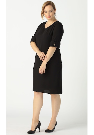 939 Siyah Kolu Düğmeli Krep Büyük Beden Kısa Elbise 001