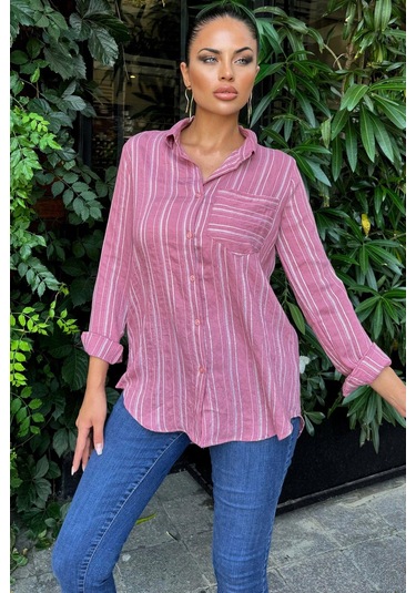 Kadın Pembe Çizgili Desenli, Uzun Kollu, Rahat Kesim, Dokulu Kumaş Gömlek Pembe