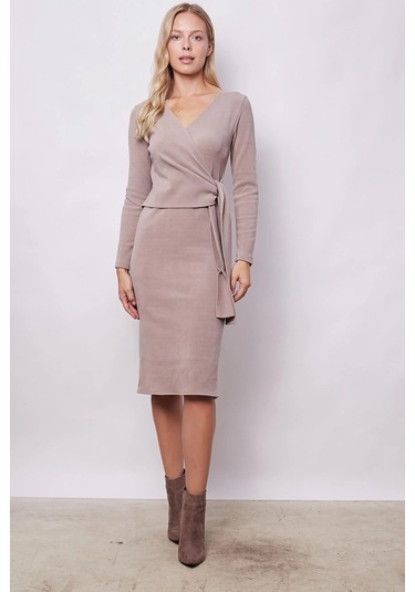 Kadın Hafif Likralı Triko Kruvaze Anvelop Bağcıklı Uzun Kol Diz Altı Uzun Elbise-bej Bej