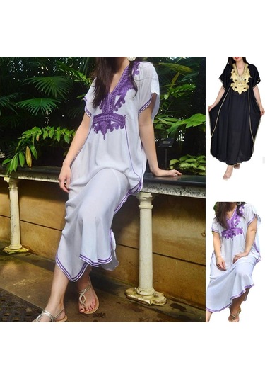 Nakış Fas Kaftan Bayan Maxi Bayram Elbisesi Arap Farasha Rahat Uzun Büyük Boy Parti Mavi