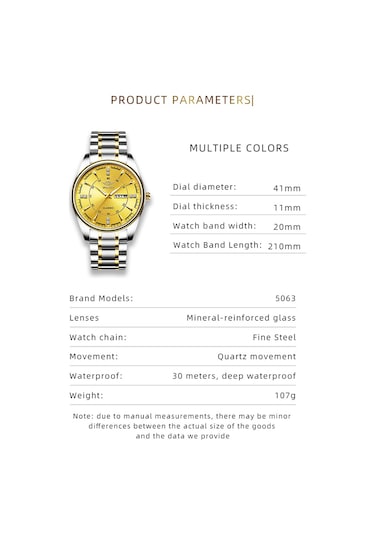 Yashıdun 5063 Çelik Kayış Şık Çift Kuvars Saat Aydınlık Takvim Bilek Saati - Siyah Kadran / Gümüş+altın Kayış / Kadın