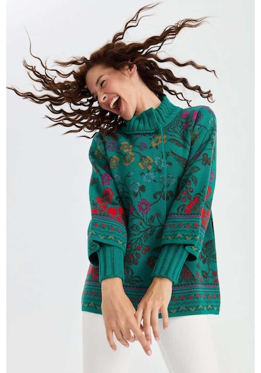 Desen Triko Kadın Dik Yaka Sarmaşık Çiçekli Yün Ceket 23017 A.ö. Başı Çok Renkli
