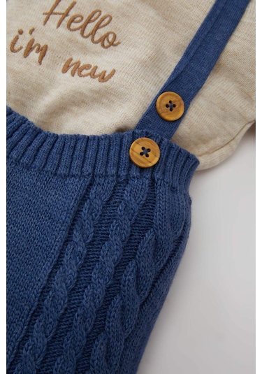 Defacto Erkek Bebek 2'li Takım Uzun Kollu Nakış Bisiklet Yaka Triko Kazak Ayarlanabilir Askılı Örgü Desenli Triko Salopet C9592A524AUBE341 Mavi