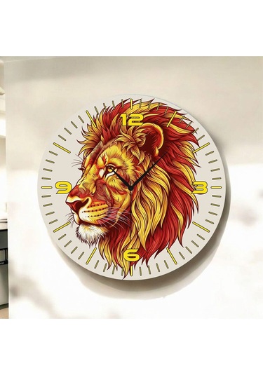 Renkli Baskı Aslan Hayvan Desenli Sayılı Hediyelik Ahşap Sessiz Duvar Saati 50cm ÇOk Renkli
