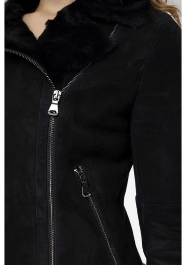 Violet Siyah Fermuarlı Biker Kadın Hakiki Kürk Mont-siyah Siyah