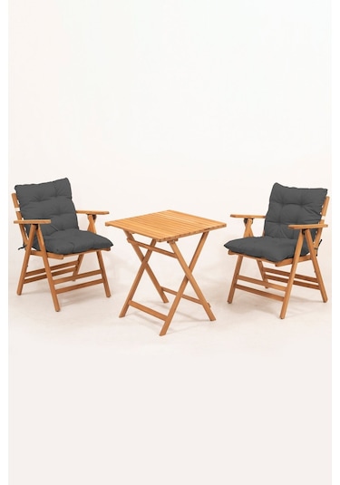 Minderli Loretta Masa Sandalye Seti 2+1 Ahşap Bahçe Balkon Teras Katlanır Set 60x60 Masa-antrasit Antrasit