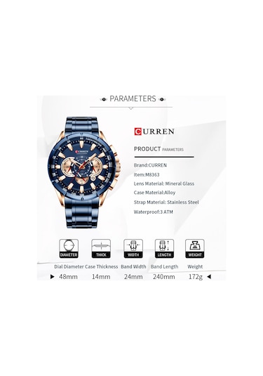 Curren 8363 Erkekler İçin Kuvars Kol Saati Paslanmaz Çelik Kayışlı Üç Alt Göstergeli İkinci Dakika Mikro Saniye Kronograf Tarih Takvim Göstergesi Su Geçirmez Işıklı İskeletli Aksesuarlar Çok Renkli