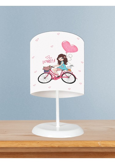 Mekta Home Bebek Ve Çocuk Odası Bisikletli Kız Ve Kalpli Balon Desenli Abajur