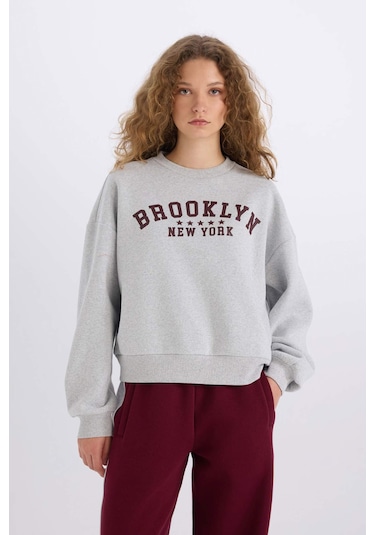 DeFacto Loose Fit Bisiklet Yaka Baskılı Kalın Kumaş Sweatshirt E3387AXNSGR42