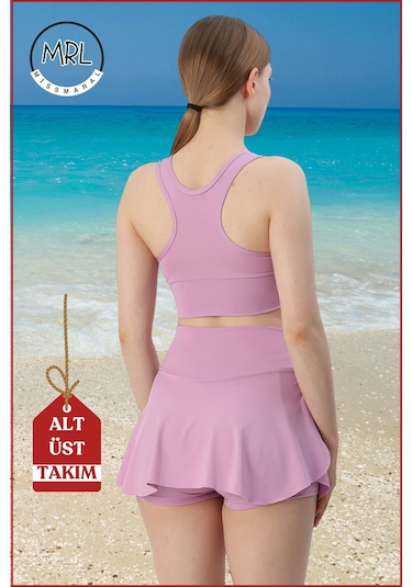 Kadın Alt-üst Takım Şort & Sabit Pedli Üst Crop Denizde Havuzda Sporda Swimsuit Lila Rengi Takım3107 Lila