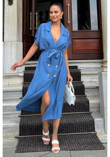 Kadın İndigo Kruvaze Yaka, Kısa Kollu, Kemer Detaylı, Rahat Kesim, Midi Keten Elbise Indigo