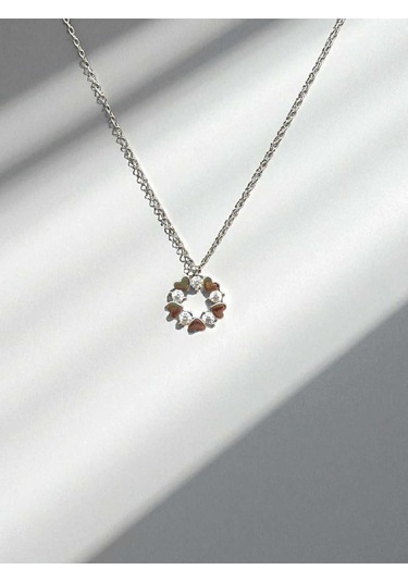 Taşlı Kalp Yapraklı Çiçek Figürlü 925 Ayar Gümüş Kolye Zarif Ve Işıltılı Tasarım Gümüş