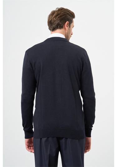 Koyu Lacivert Uzun Kol Kendinden Desenli Örme V Yaka Classic Comfort Fit Triko 1012245161 Koyu Lacivert