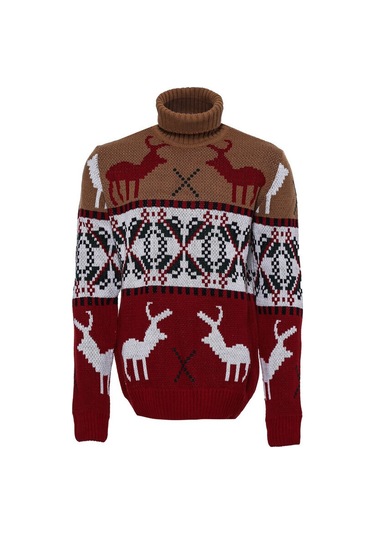 Geyik Desenli Yılbaşı Temalı Balıkçı Yakalı Kırmızı Bej Erkek Triko 001