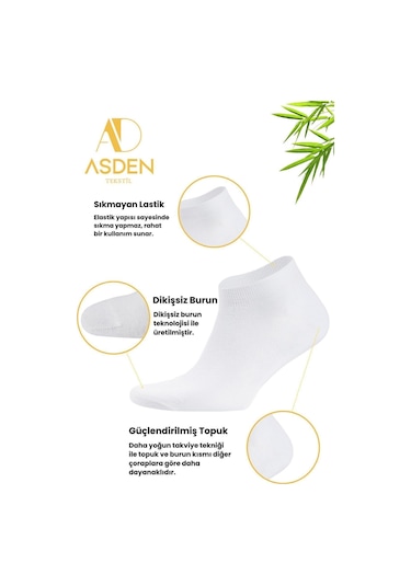 Asden Bambu Erkek Patik Çorap Lacivert 12'li, Dikişsiz, Soft Yıkamalı 6 Çift Beyaz