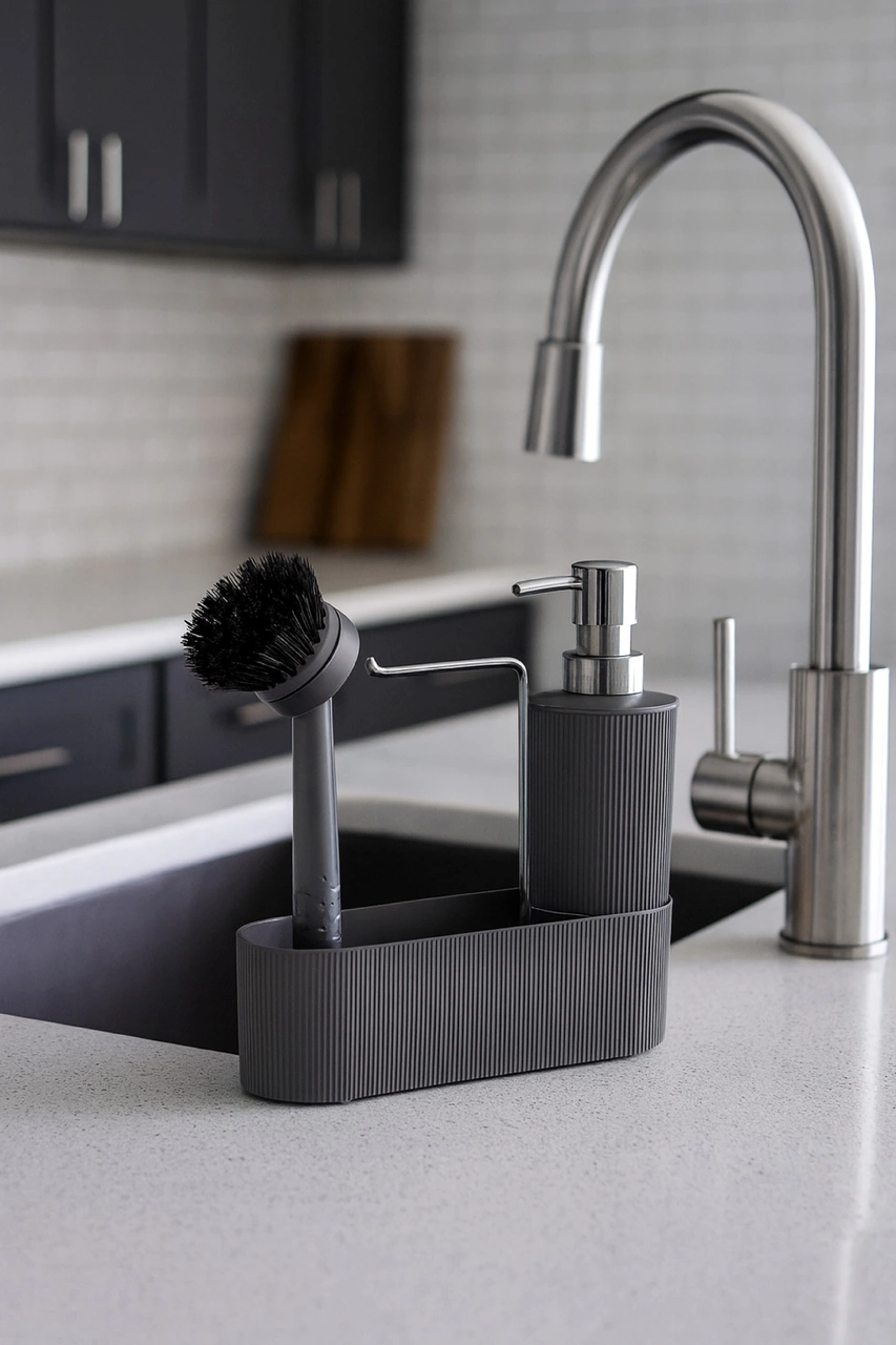 Mutfak Tezgahı Düzenleyici Set Sıvı Sabunluk Ve Bulaşık Fırçası Aparatlı Dc-6776 Gri