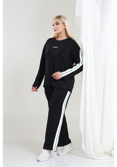 Kadın Büyük Beden Uzun Kollu Şerit Detaylı Oysho Tarzı Modal Kumaş Takım Siyah