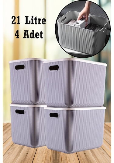 Bayev 4 Adet 21 Lt Çok Amaçlı Gri Saklama Kutusu - Düzenleyici - Kapaklı Çamaşır Sepeti Çok Renkli