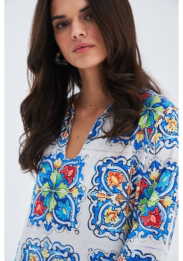 Peraluna RIA CAFTAN Çini Desenli Derin Yırtmaçlı Saten Kadın Kaft Çok Renkli