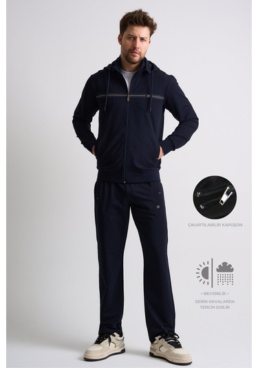 Shooter Sportswear Klasik Antrasit Erkek Eşofman Takımı Çıkartılabilir Kapüşonlu Rahat Kalıp Lacivert