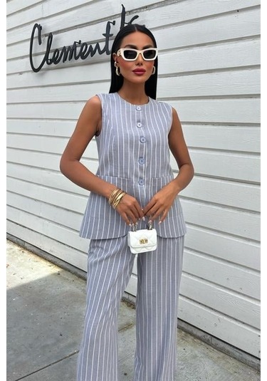 Çizgili Viscon Keten Yelekli Rahat Takım 10121 Gri