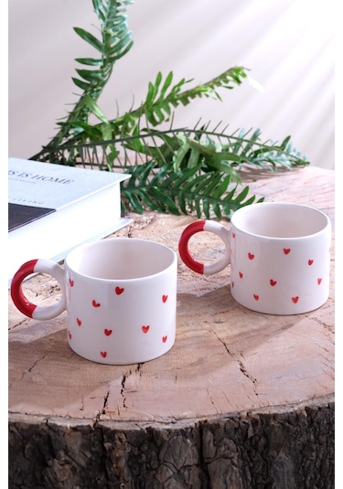 Hearts Seramik Kupa Fincan Bardak Mug Double Türk Kahve Fincanı 2 Adet