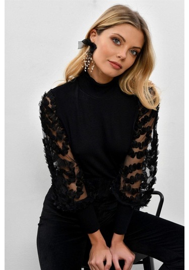 Kadın Siyah Kol Detayı Tül Bluz Siyah