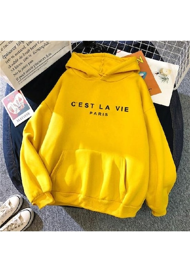 Yeşil Uzun Kollu Ön Cep İpli Polar Astar Svetşört Sonbahar Kış Mektup Baskılı Gevşek Kadın Kazak Streetwear Yeşil