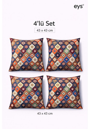 Dijital Baskılı Çift Taraflı Pamuklu Kırlent Kılıfı Gizli Fermuarlı, Astarlı 43 43 Cm 4'lü Set 43 x 43