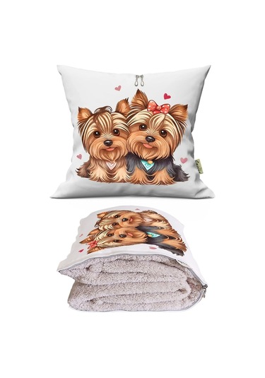 Sevimli Terrierler Baskılı Dekoratif Yastık Kırlent Opsiyonel Battaniye 2 İn 1 Çok Renkli