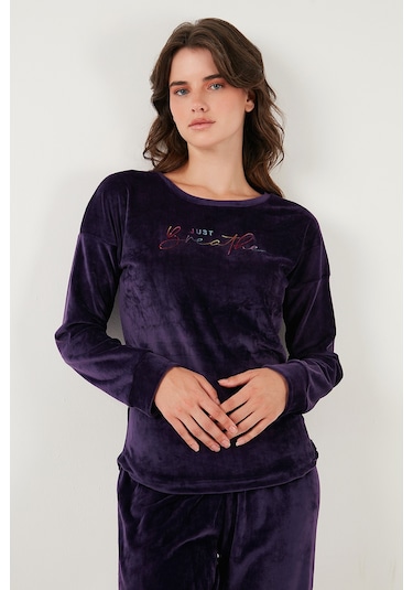 Lela Regular Fit Yumuşak Dokulu Kadife Bayan Pijama Takımı 6094200W4 Koyu Mor