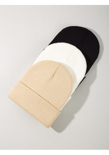 Eke Tekstil Unisex Katlamalı 3'lü Bere Seti Bej - Beyaz - Siyah