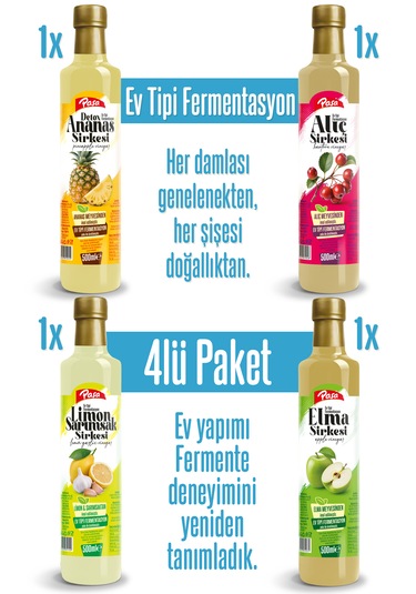 Paşa Premium 4 Lü Sirke Seti Detoks Ananas, Elma, Alıç Ve Limon Sarımsak Sirkesi