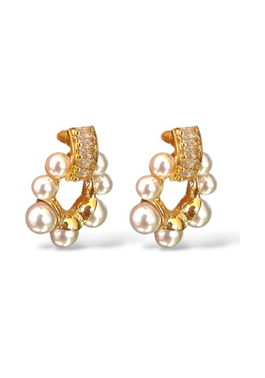 Glowy Aksesuar Çiçek Motif Taşlı İnci Çelik Küpe Gold