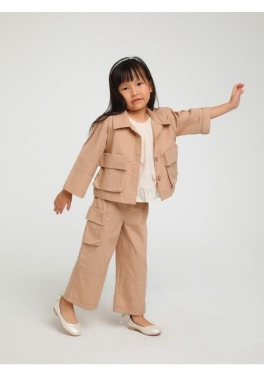 Kız Çocuk Erkek Yaka Cepli İki Düğmeli Ceket-15124 Kahverengi