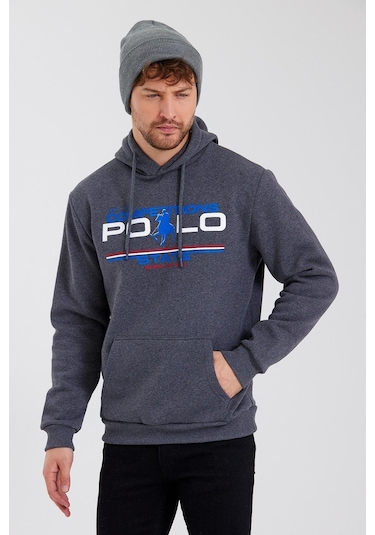 Polostate Erkek Kapüşonlu Baskılı 3 İplik Sweatshirt Antrasit