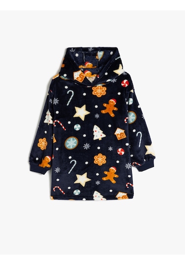 Koton Yılbaşı Desenli Kapşonlu Polar Sabahlık Lacivert Desenli 5wlk70016mk 7d2 Lacivert