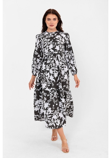 Yaprak Desenli Renkli Pamuklu Yazlık Baharlık Kuşaklı Elbise 2101 Siyah