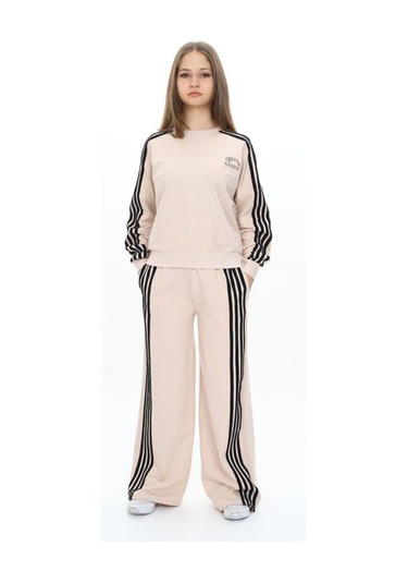 Kız Çocuk %100 Pamuk Uzun Kol Oversize Alt&üst Eşofman Takımı-eşt-0027 Bej