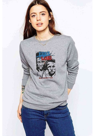 Fıght Club Rock Baskılı Gri Kadın Sweatshirt