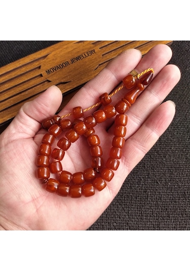 9x8 mm Fıçı Kesim Helezon Damarlı Sıkma Kehribar Tesbih