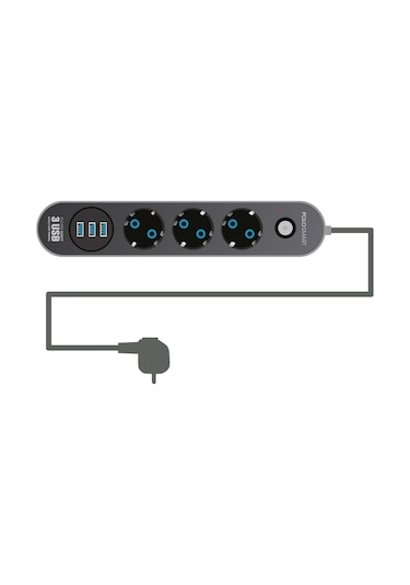 Polosmart MP07 3'lü Siyah Akım Korumalı Grup Priz Ve 3'lü Usb