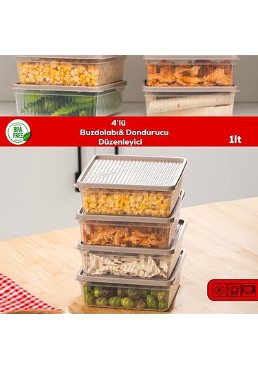 Porsima 5306 4 Lü Buzdolabı Ve Difriz Düzenleyici Saklama Kabı Seti - Bpa İçermez Kapicino, 1 Lt Cappuccino