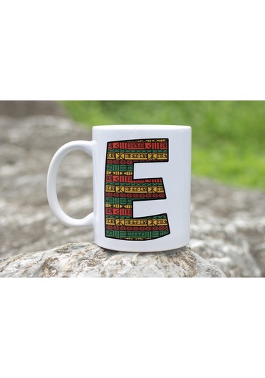 E Harfi Etnik Desenli Kupa - Afrika Tarzı Kahve Çay Kupası - Hediyelik - Black History Beyaz